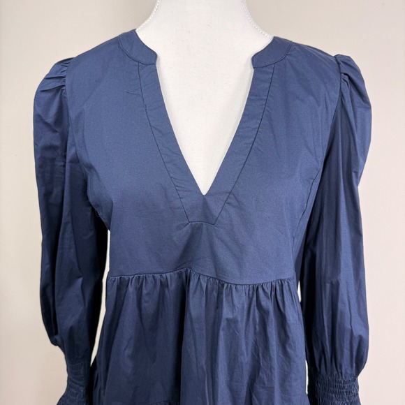 Pomander Place Kenzo Poplin Mini Dress Navy Blue Cotton Smocked Puff Sleeve Med. - Picture 5 of 8